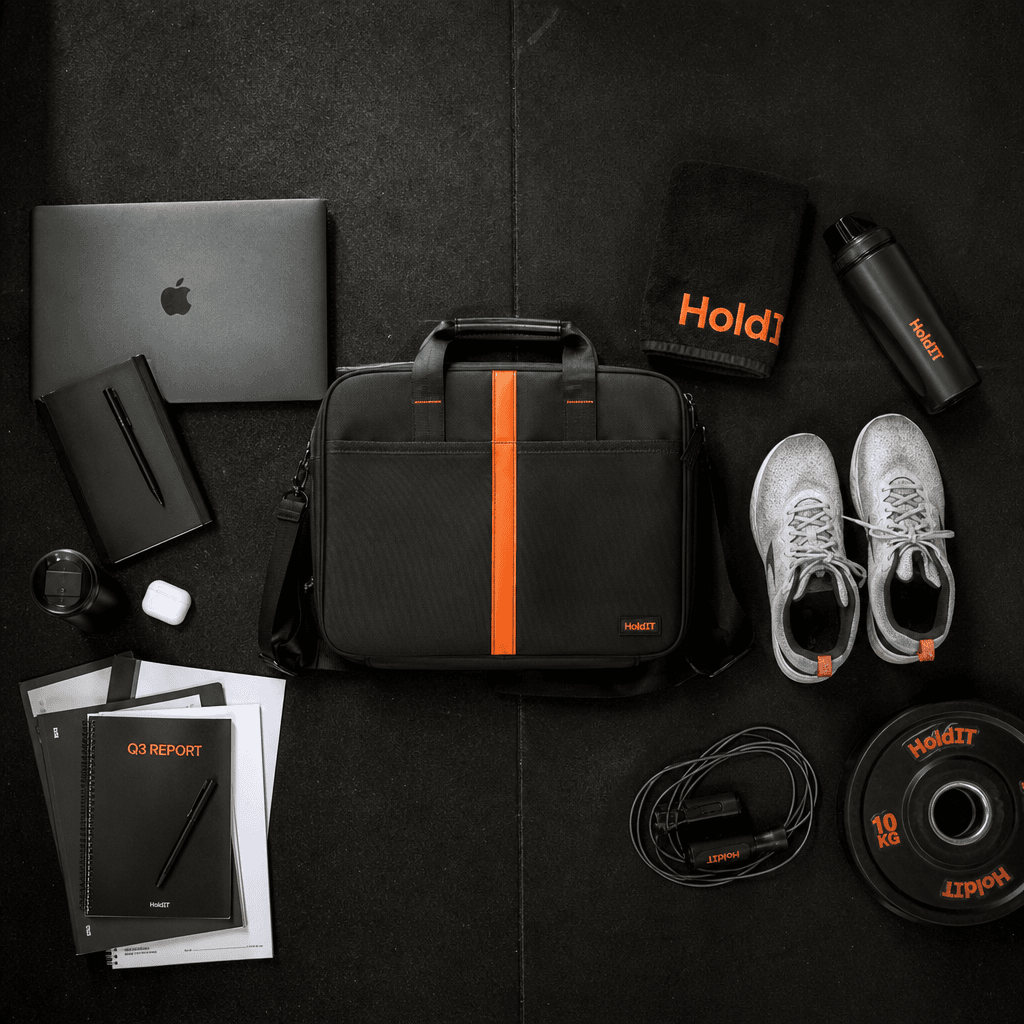 Flat-lay comparing work essentials and gym gear alongside a single dual-use commuter gym bag
