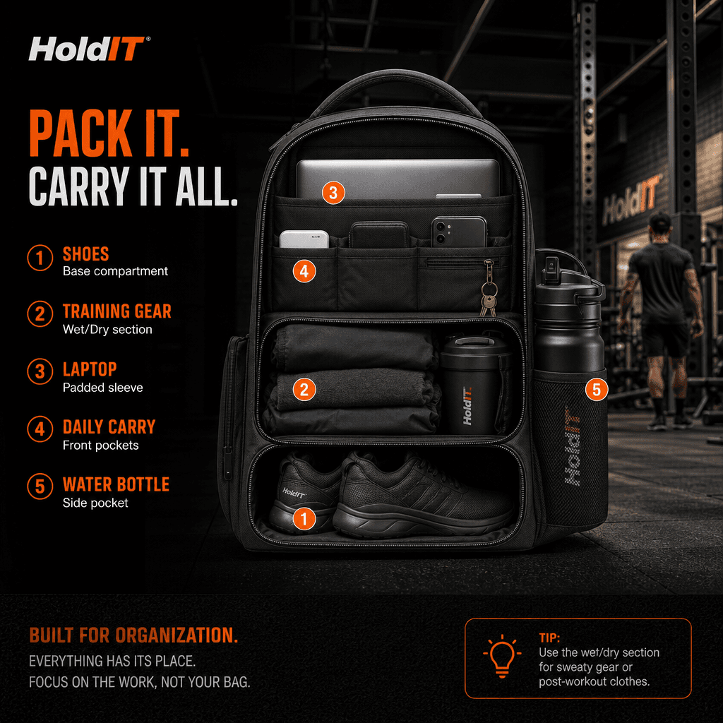 Cross-section packing diagram of a gym-to-work bag with numbered compartments and labelled item placements