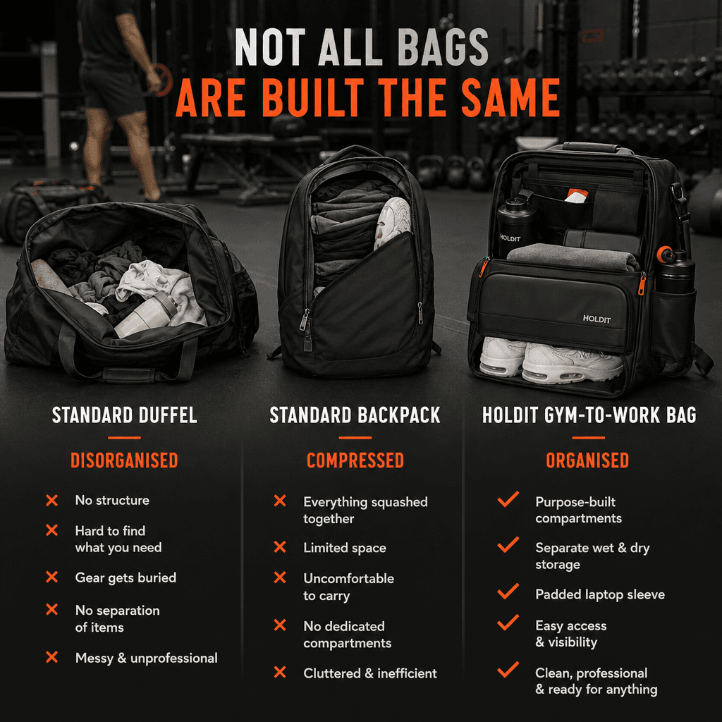 Side-by-side comparison of a standard duffel, a standard backpack, and a purpose-built gym-to-work bag