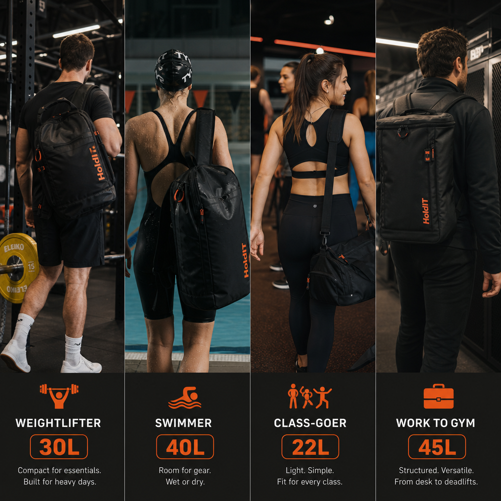 Side-by-side comparison of four gym bag sizes matched to training types: lifting, swimming, group fitness, and work commute