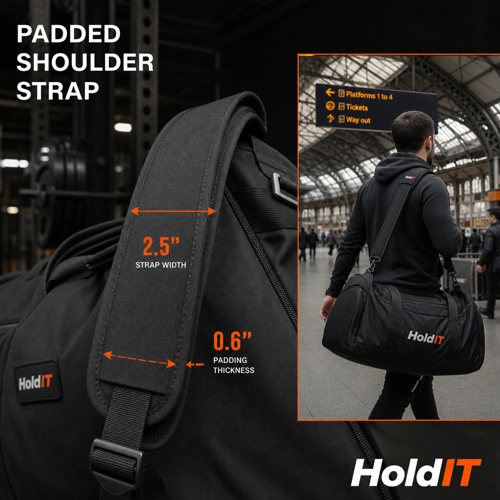Close-up of padded gym bag shoulder strap with inset image of bag being carried through a train station commute