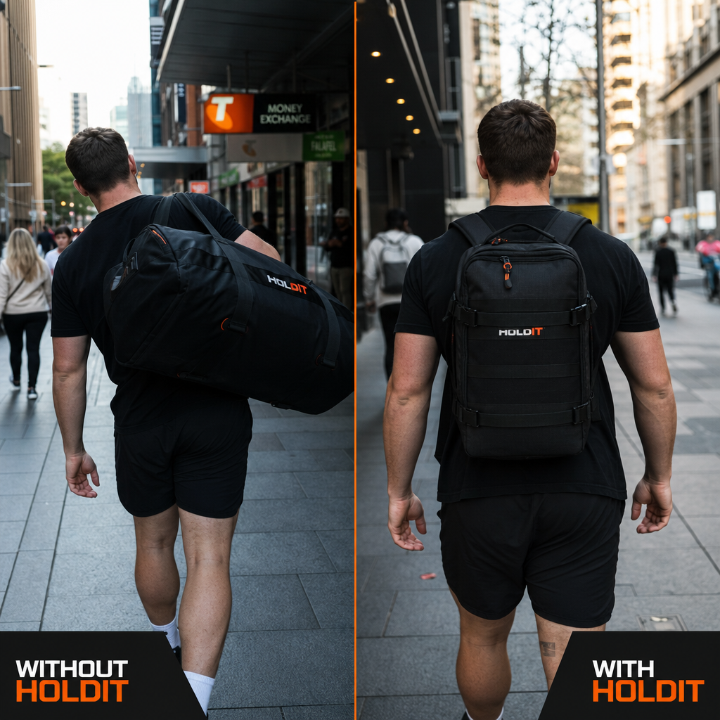 Person carrying duffel bag on one shoulder versus person wearing a balanced backpack on city footpath