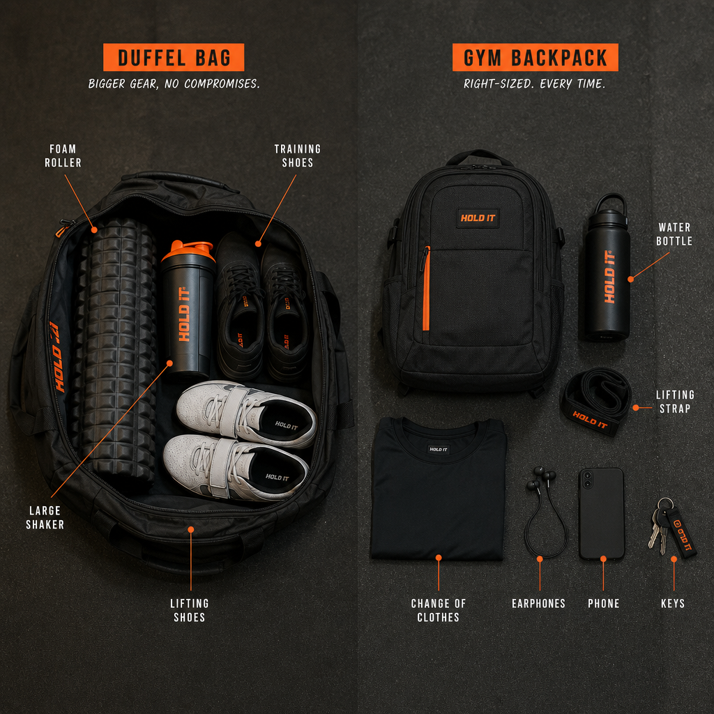Two flat-lay packing layouts comparing oversized duffel contents with a right-sized gym backpack kit