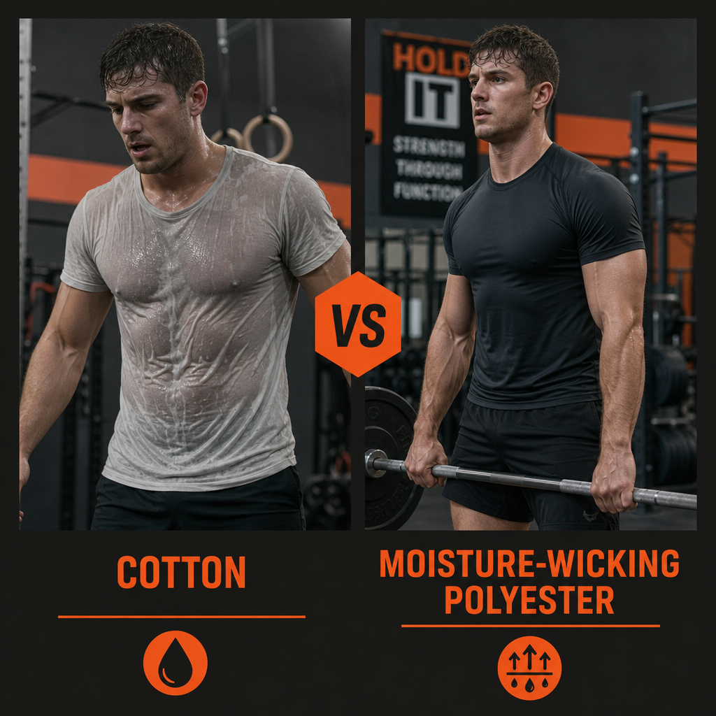 Side-by-side comparison of cotton versus moisture-wicking fabric performance during gym training