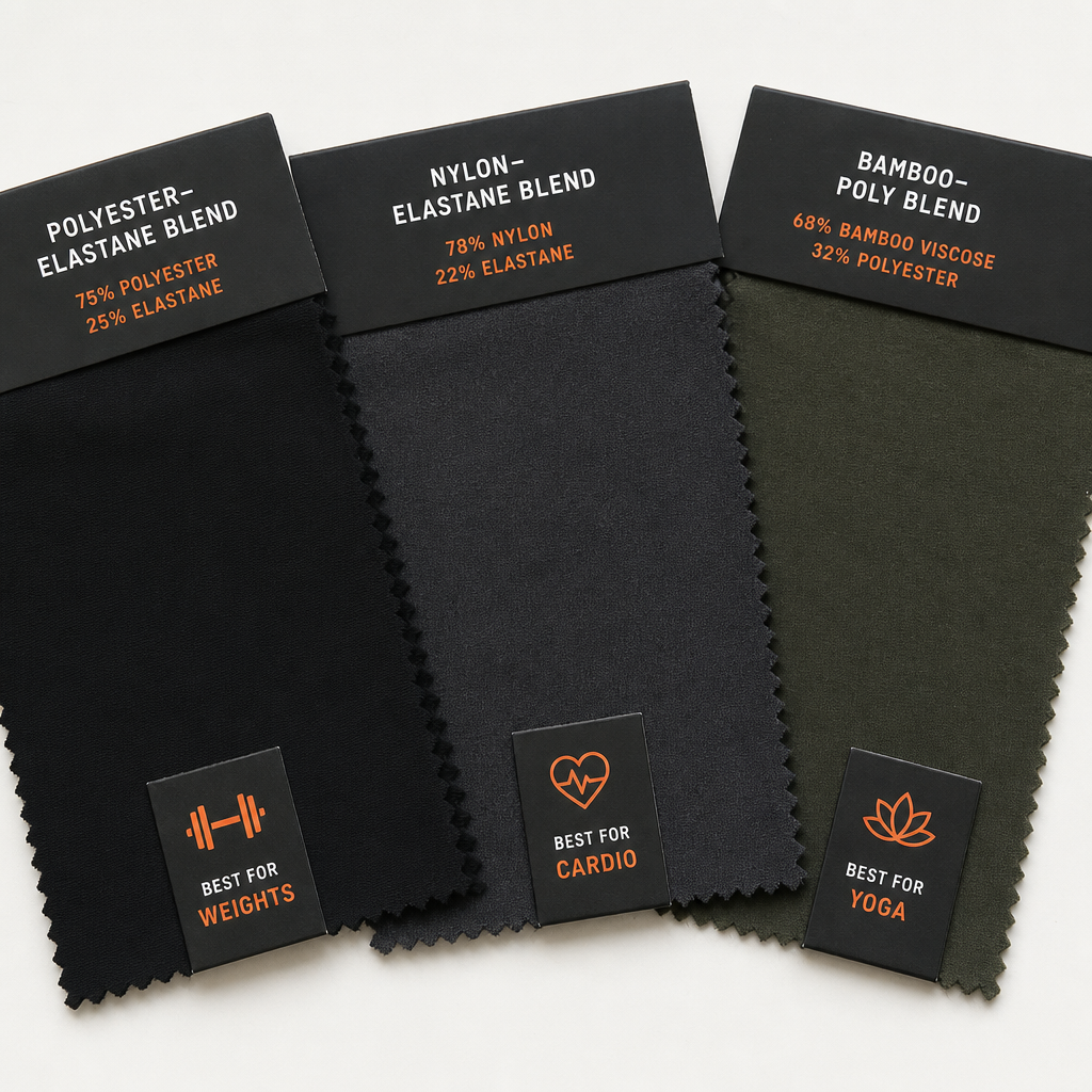 Three activewear fabric swatches labelled by fibre blend and best use: weights, cardio, and yoga