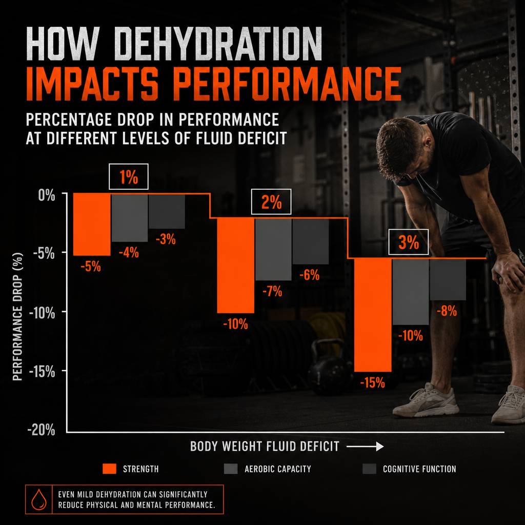 Bar chart showing exercise performance decline at 1%, 2% and 3% body weight fluid deficit