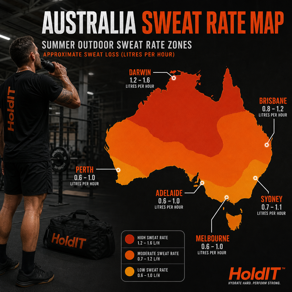 Map of Australia showing estimated sweat rate zones by city during summer outdoor exercise