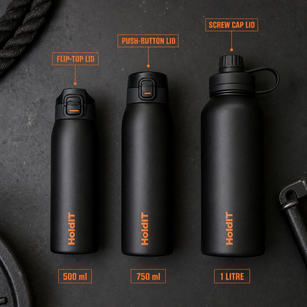 Three gym water bottles in different sizes and lid styles laid flat with capacity labels