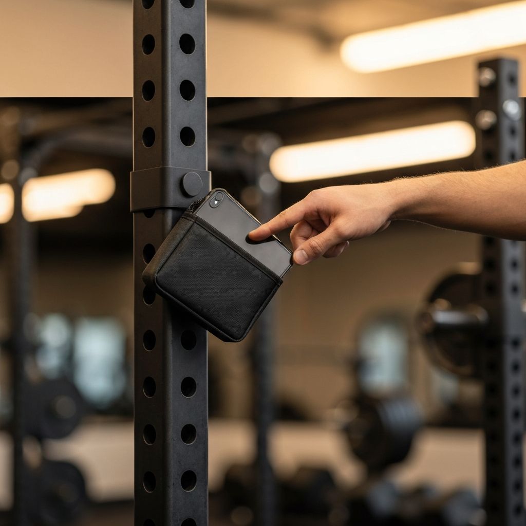 HoldIt bag magnetically attached to a squat rack in a gym